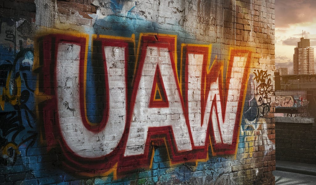 UAW graffiti on a brick wall